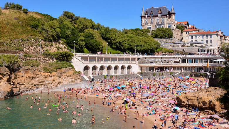 A busy beach in Biarritz, France