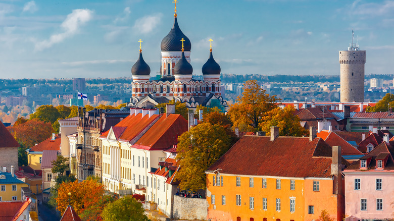 Toompea hill with tower Pikk Hermann and Russian Orthodox Alexander Nevsky Cathedral, view in Tallinn, Estonia