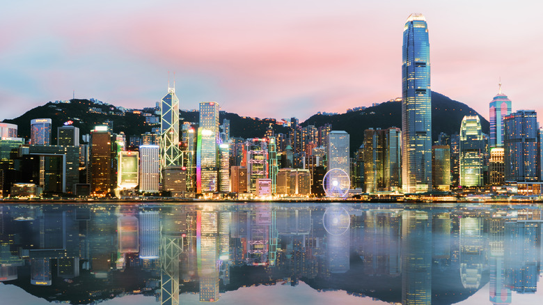 Beautiful Hong Kong, China skyline from across Victoria Harbor.sunset time