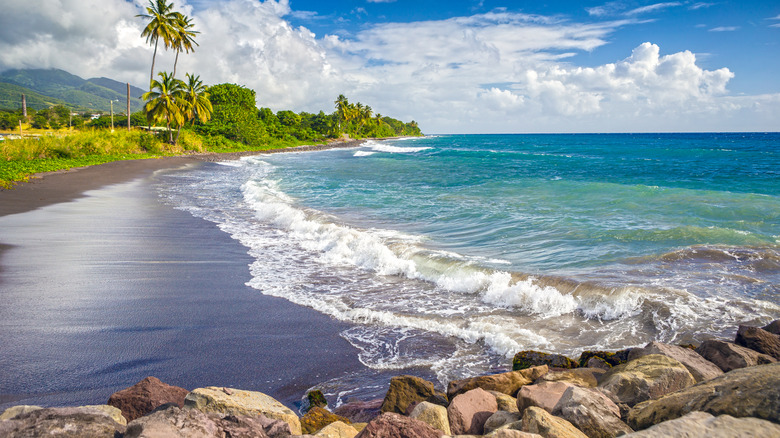 Beach on a St. Kitts island with black sand