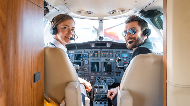 Pilots in cockpit prior to takeoff