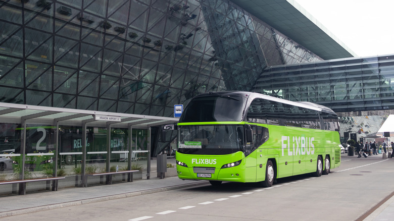 A Flixbus waiting at a stop in Krakow