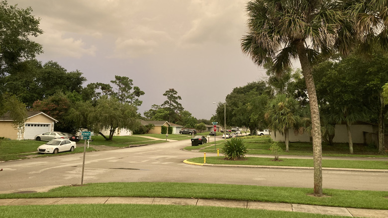 Residential street in Orlando with dust storm skies