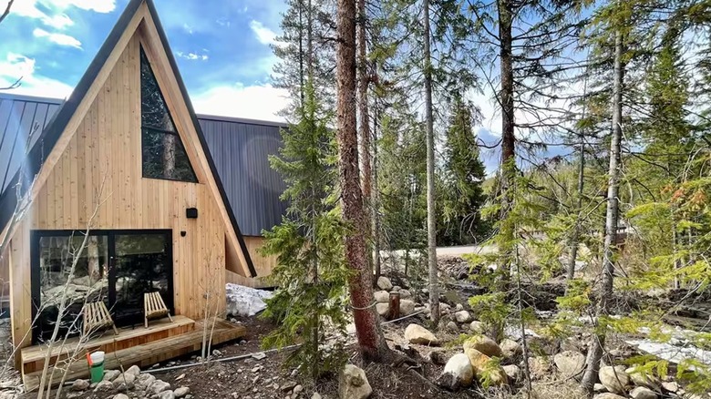Exterior shot of one of the A-frame cabins