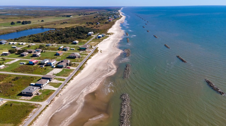 Aerial shot of beach and ocean in Cameron