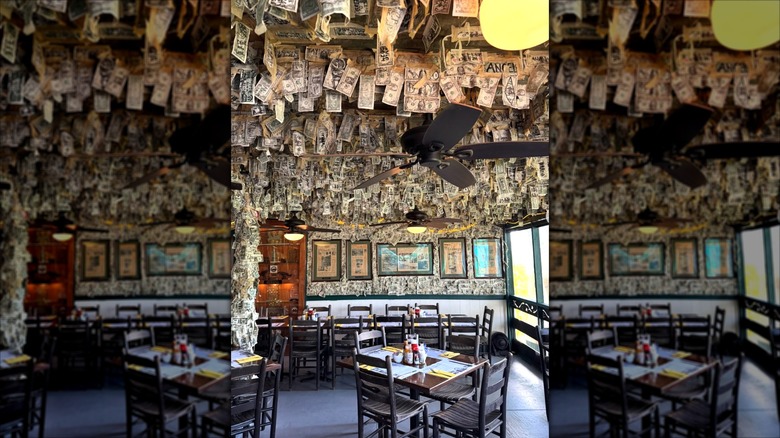 Dollars hanging from ceilings and walls inside Cabbage Key Inn