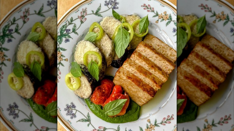Elegantly plated meal with vegetables