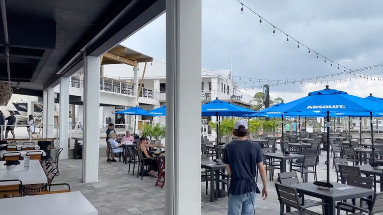 Zeke's patio with blue umbrellas