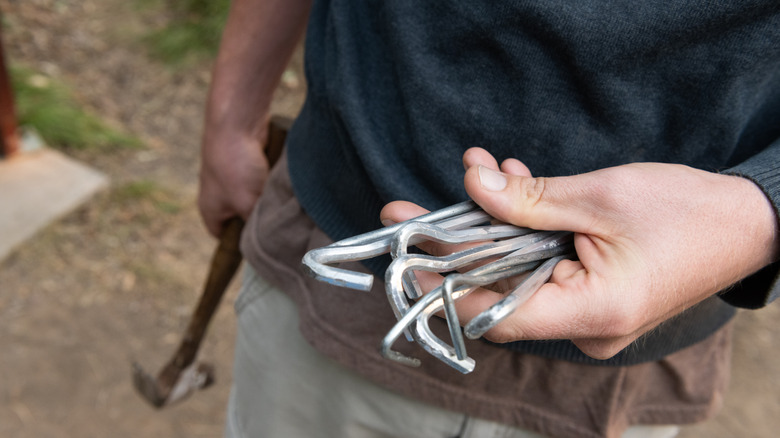 Hiker holding metal tent pegs and a hammer
