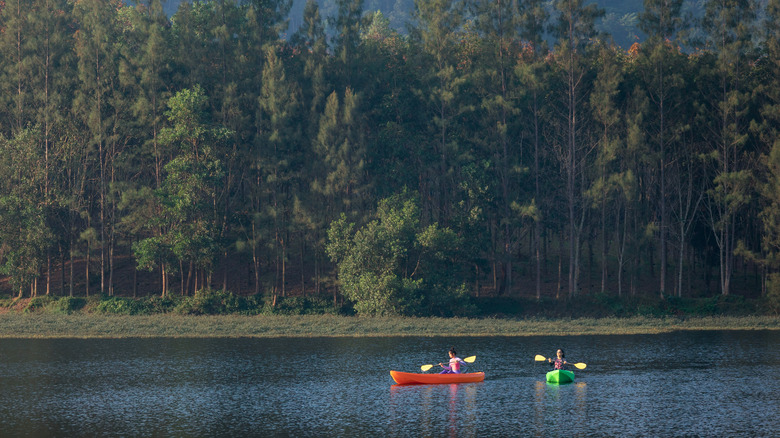 Two people kayaking in lake at sunrise