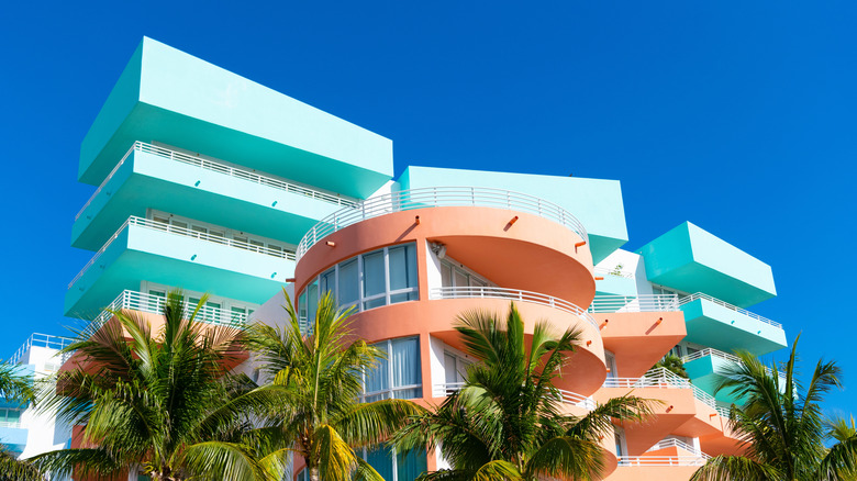 Art Deco architecture and palm trees in Miami, Florida