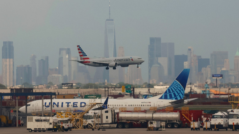 A plane landing at Newark Liberty International Airport in New Jersey