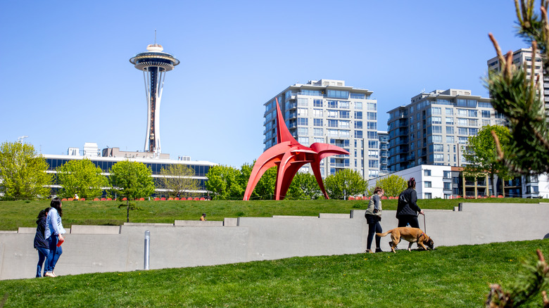 people walking in the Olympic sculpture park with friends and a couple with their dog