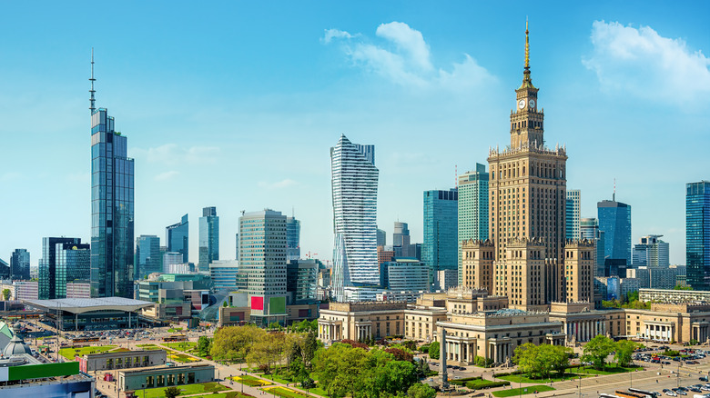The city skyline in Warsaw, Poland on a sunny day