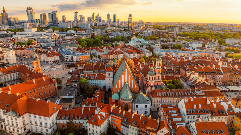 An aerial view of the old and new city in Warsaw, Poland
