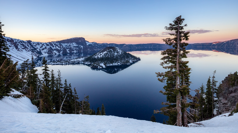An aerial view of Crater Lake in the winter