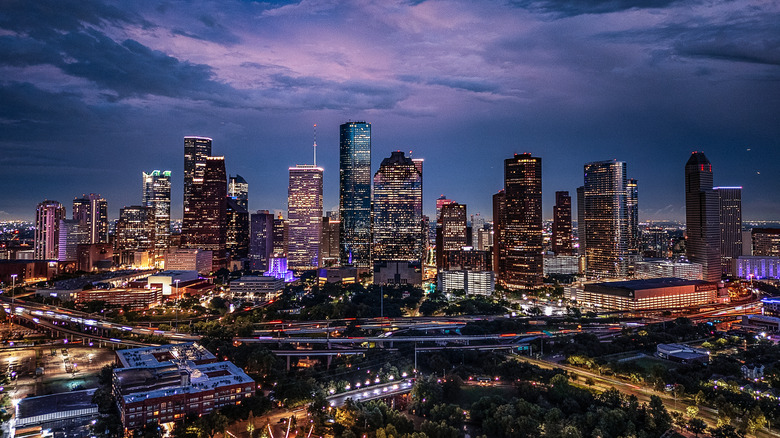 downtown aerial view of Houston at nighttime