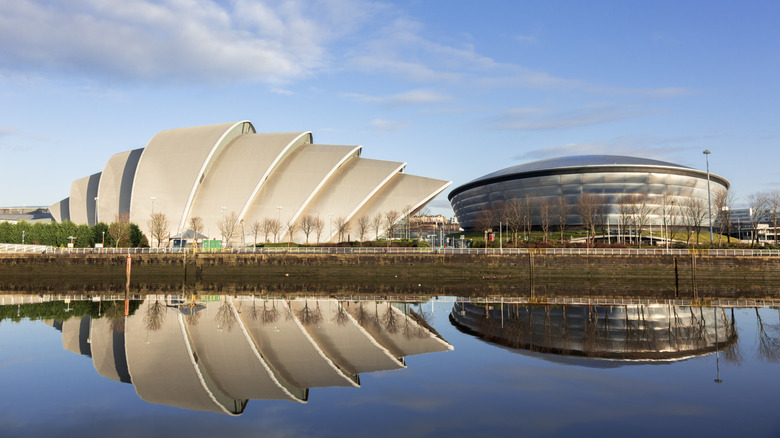 Landmarks reflected on the River Clyde in Glasgow.