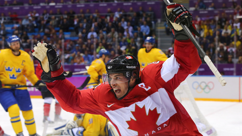 Sidney Crosby celebrates scoring a goal for Canada