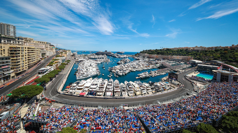 An aerial view of Port Hercule and a grandstand during the F1 Grand Prix of Monaco at Circuit de Monaco.