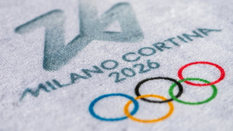A sign printed on fabric for the Milano Cortina Winter Olympics.