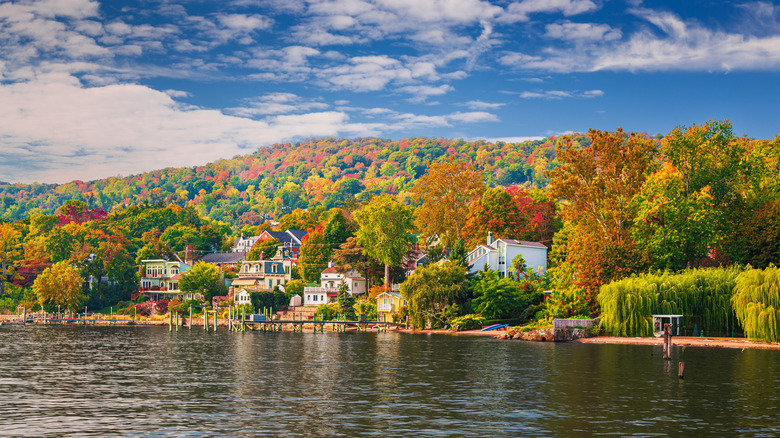 Houses along the Hudson River waterfront in the fall