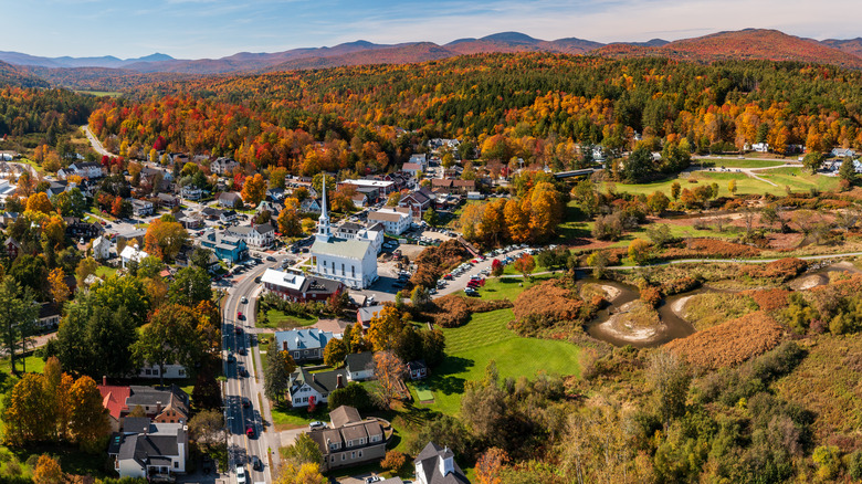 An aerial view of Stowe, Vermont, in the fall