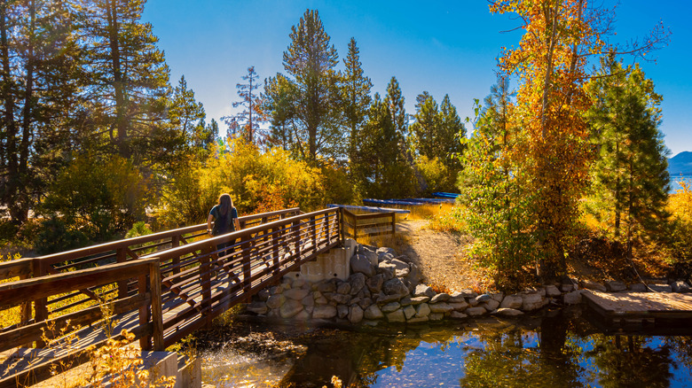 A hiker crossing a footbridge anearLake Tahoe