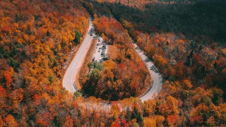 A scenic byway hairpin turn in the White Mountains, New Hampshire