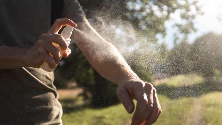 Man outdoors on a sunny day applying insect repellent to his arm