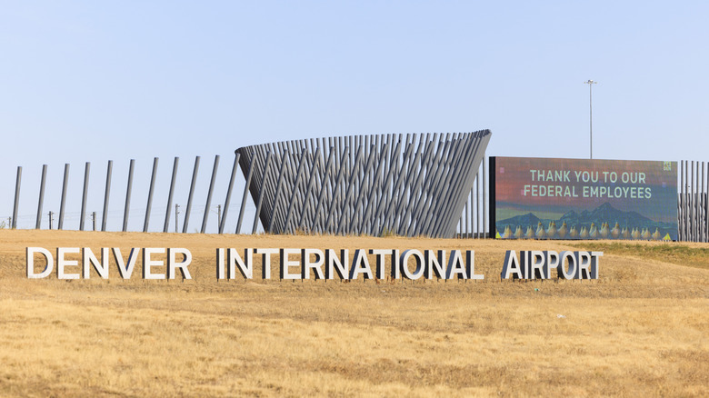 $14.5 million LED welcome sign, resembles light of ribbon, outside of Denver International Airport, in Denver, Colorado