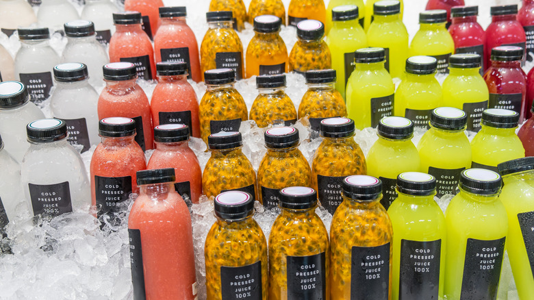 Rows of cold-pressed fruit juices