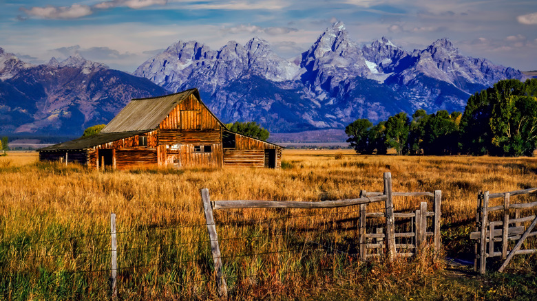 Abandoned cabin and mountains in Grand Teton National Park