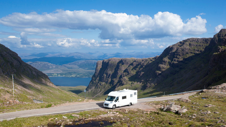 A motorhome parked along a rural road on Scotland's NC500