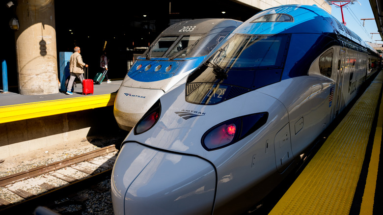 A view of NextGen Acela trains at a train platform