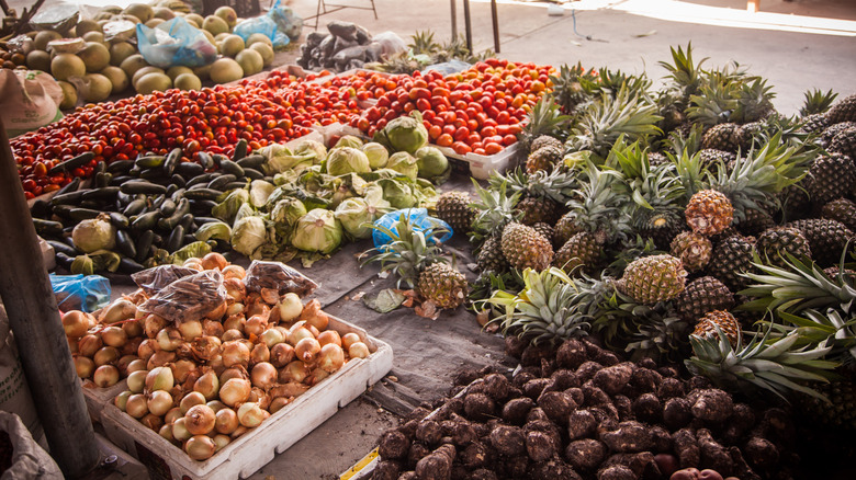 Tropical fresh fruits and vegetables at San Ignacio Market in Belize