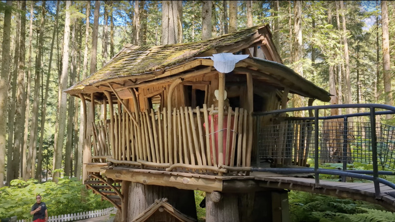 Wooden building structure overlooking trees in The Enchanted Forest in Canada