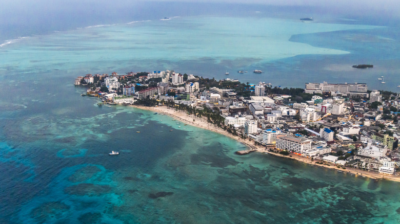 Aerial view of the city of San Andres and surrounding water