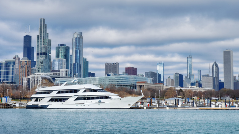 A yacht moored in Lake Michigan, backdropped by the skyline