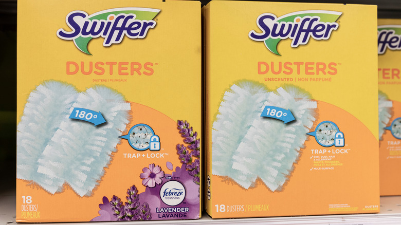 two boxes of Swiffer Dusters on display at a store