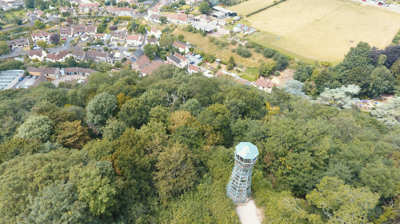 Aerial view of Jacob's Ladder tower in Cheddar Gorge