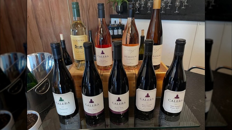 A variety of wine bottles from Calera Wine Company, Hollister, California