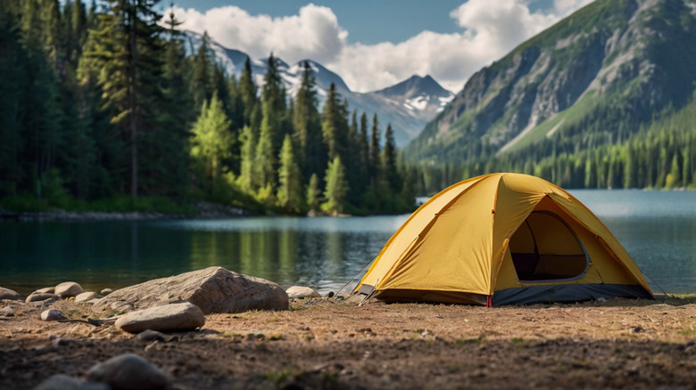 Tent set up near lake