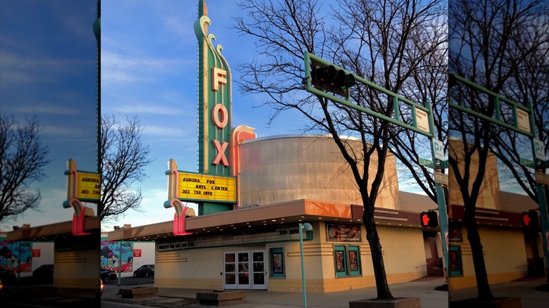 Exterior of the Aurora Fox Arts Center in Colorado with blue sky
