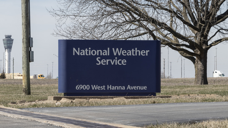 The National Weather Service signage on the street