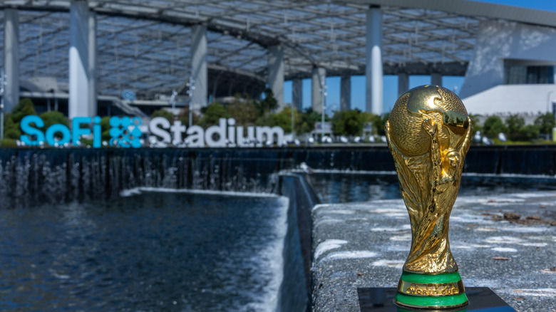 World Cup trophy sits outside SoFi Stadium