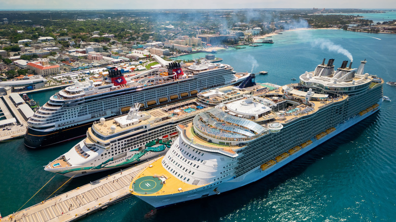 Cruise ships docked at the busy port in Nassau, Bahamas