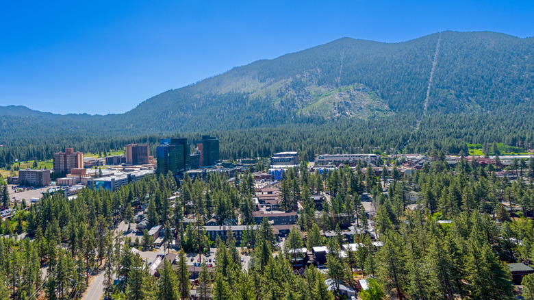 Aerial view of South Lake Tahoe with mountains