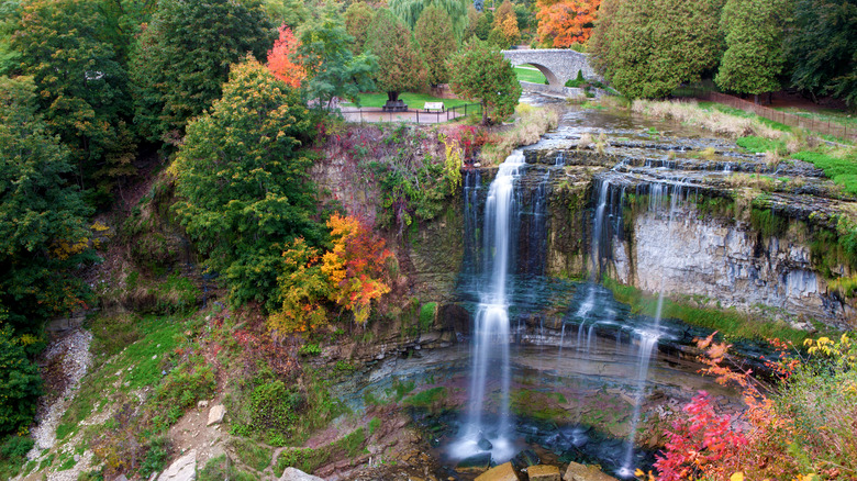 Webster's Falls, flowing under a stone bridge, in Hamilton, Ontario, Canada