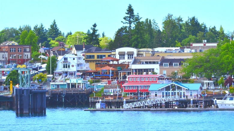 Colorful buildings of Friday Harbor, Washington, surround the ferry dock on San Juan Island